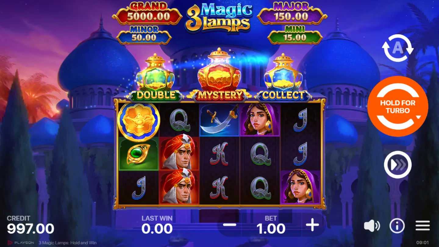 3 Magic Lamps base game with three lamps collecting Magic Coins above the reels