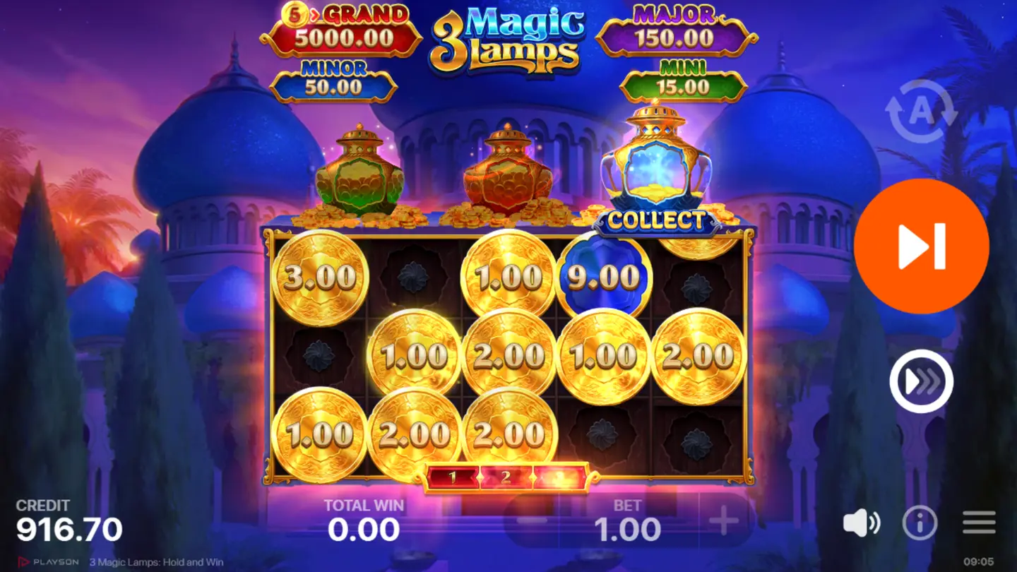 Collect Feature blue coin gathering coin values from the reels into one symbol