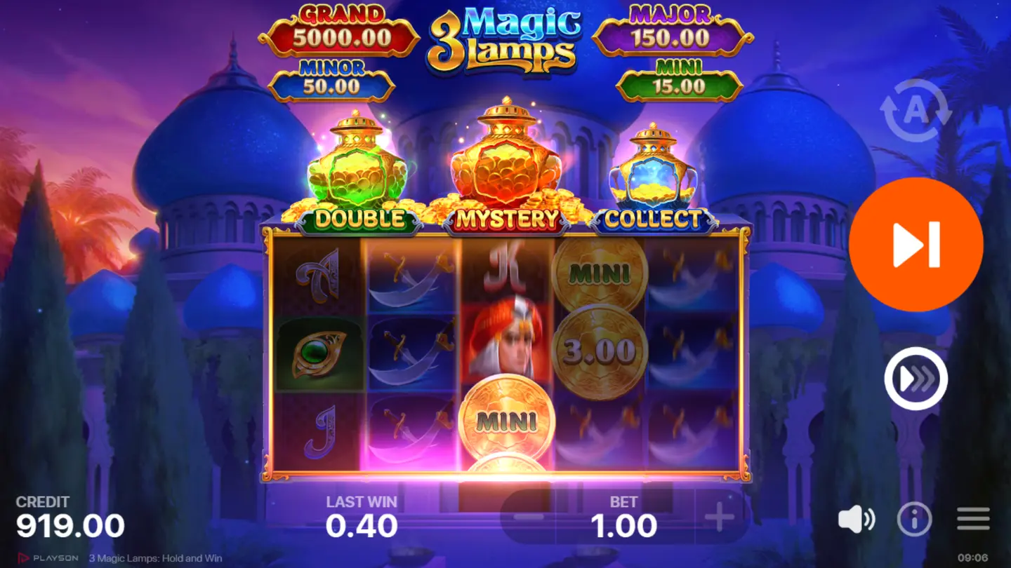 Free spins round with the genie Wild doubling a payline win in 3 Magic Lamps
