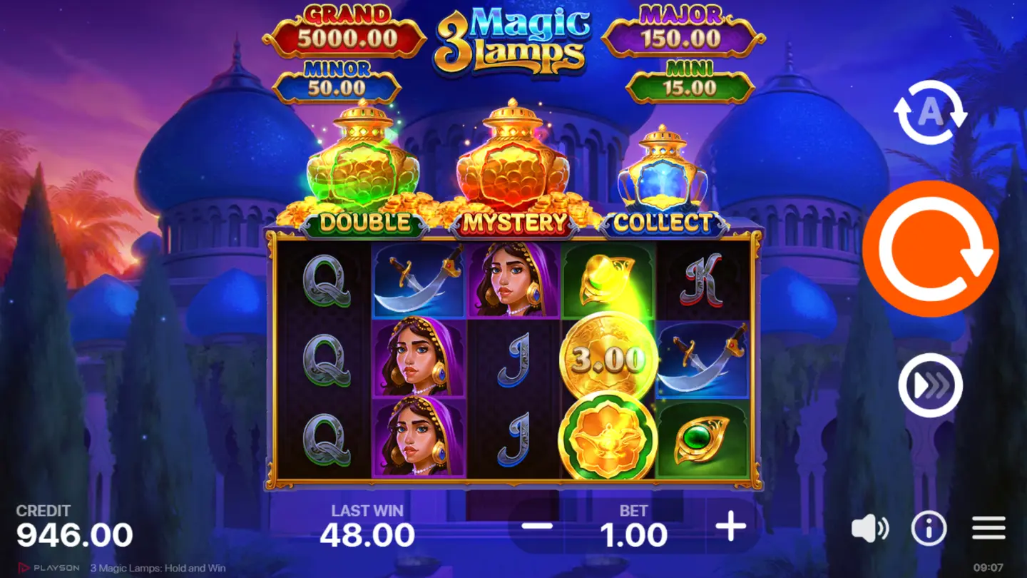 Grand Jackpot screen after filling all 15 cells in 3 Magic Lamps: Hold and Win